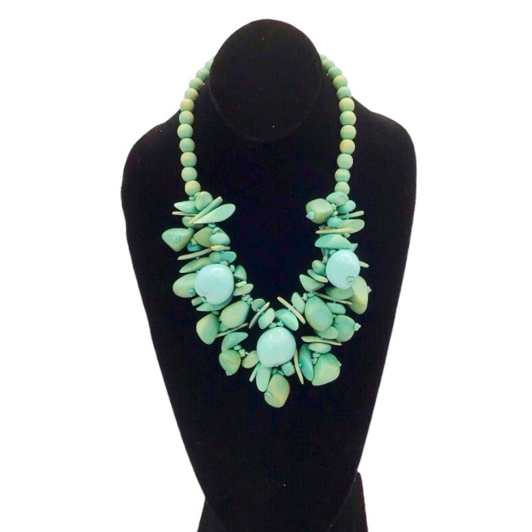 Turquoise Blue Chunky Wood Beaded Cluster Necklace